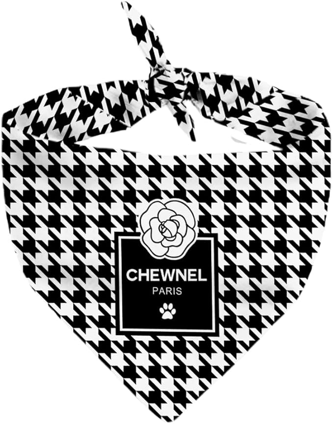 Dog Bandana Houndstooth Chewnel Designer Fashion Clothes Scarf kercheif for Small Medium and Large Dogs. Funny Parody Gift for Girl or boy Dog Soft Durable Fabric, Adjustable tie-on Style Triangle