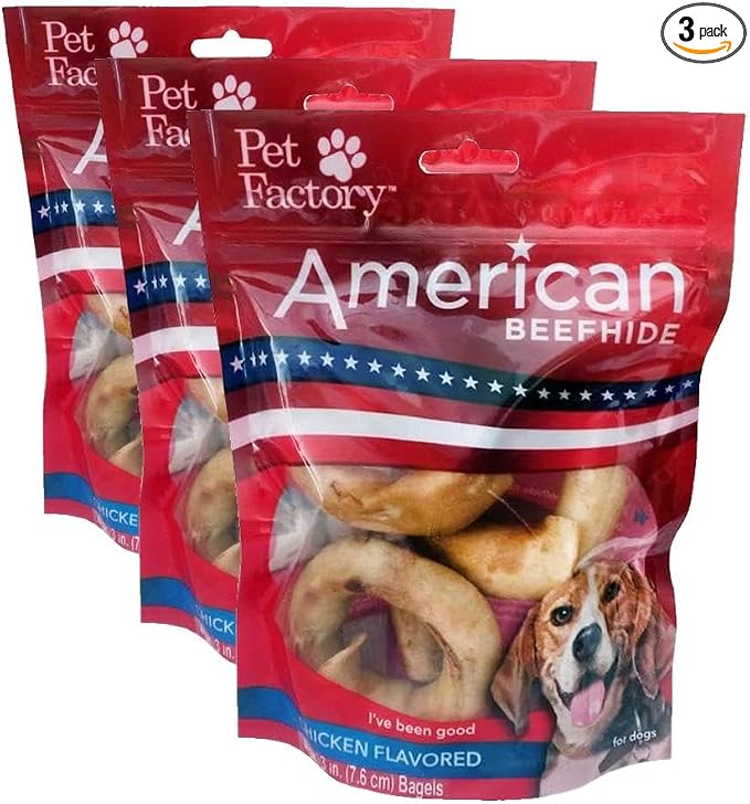 Pet Factory American Beefhide 3" Bagels Dog Chew Treats - Chicken Flavor, 4 Count/3 Pack