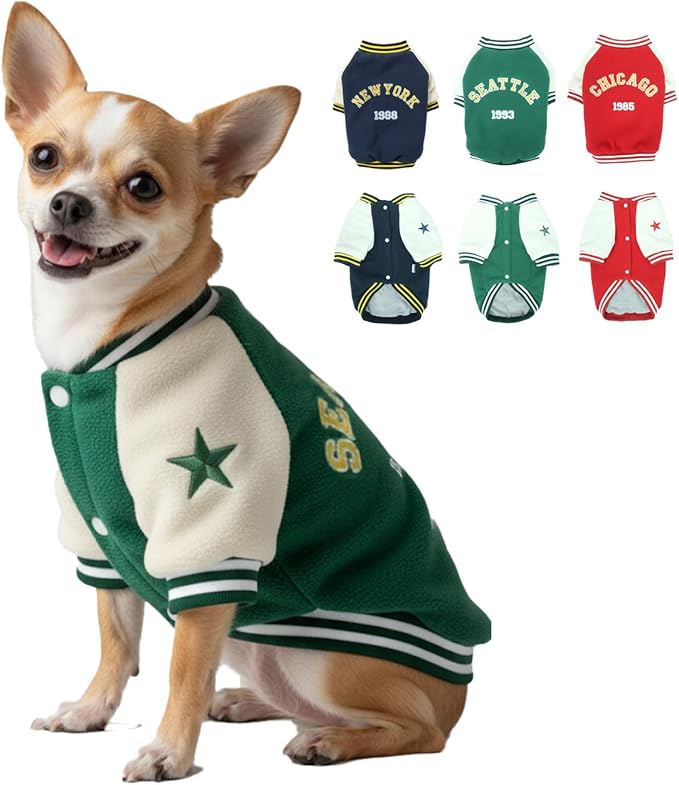 Small Dog Heavyweight Fleece Varsity Jackets for Winter, Warm Pet Coats with Snap Buttons, Soft Doggy Vest for Cats Puppies, Thick Baseball Uniform Sport Costumes for Dogs, Dark Green, Size S