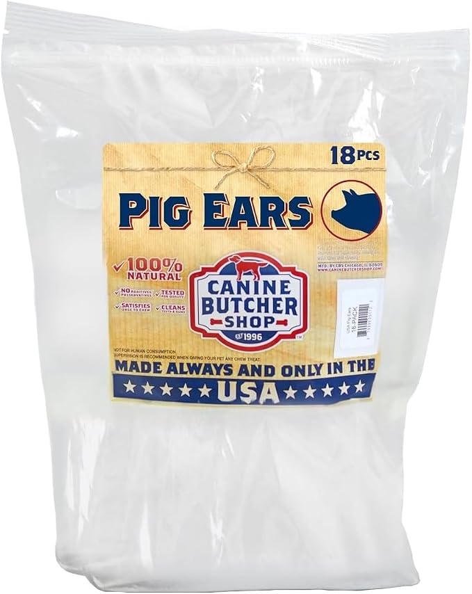 Pig Ears for Dogs Large Made in USA, Sourced in USA Natural Dog Treats, Dog Chew Toys for Aggressive Chewers (18-Pack)