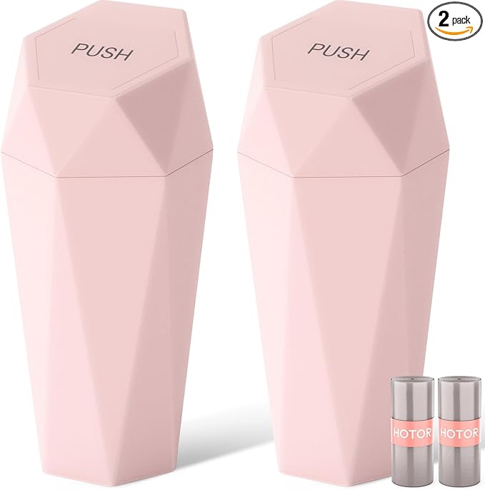HOTOR Car Trash Can with Lid - 2 Pack, Car Accessories for Interior, Leakproof Vehicle Garbage Can with 30 Attached Trash Bags, Multipurpose Organizers and Storage for Home, Office, Pink
