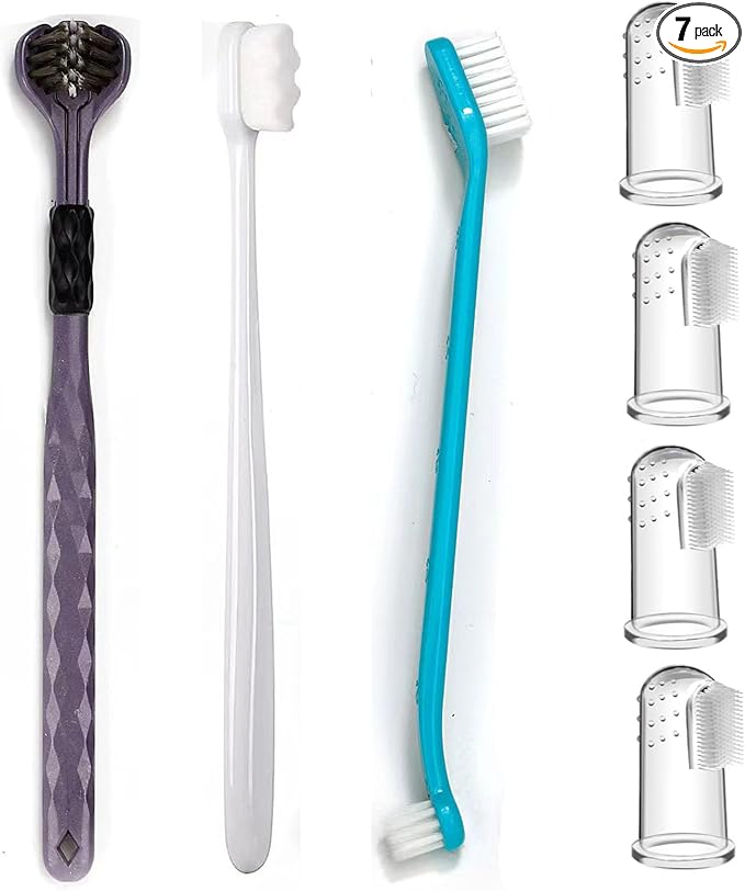 Dog Toothbrush Kit, 360-Degree Finger Three-Sided Design, Replaceable Brush Heads, Easy Teeth Cleaning and Dental Care (7 Pack)