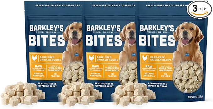 Barkley’s Bag Chicken Bites, Freeze Dried Dog Treats & Food Topper, Made with Chicken and Brown Rice, Small Bite-Sized Pieces for Training Rewards, for All Dog Breeds, Ages & Sizes, 4 Oz Bag (3 Pack)