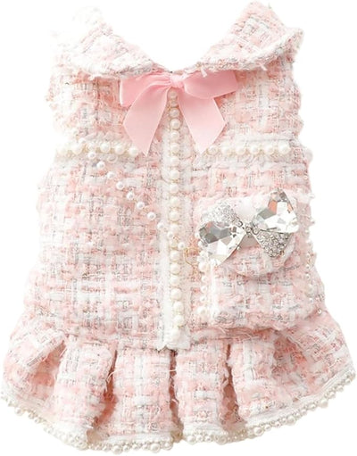 Spring Fall Winter Small Medium Dogs Tweed Princess Dress Pink Pearl Design, Warm Fleece Puppy Outfit with Bow Flower, Cute Luxury Dog Clothes for Cats and Small Dogs(Pink,L)