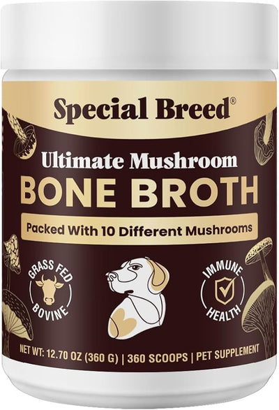 Beef Bone Broth for Dogs - High Protein Powder with Ten Organic Mushrooms & Collagen - Immune, Joint, Digestion & Cognitive Support - Tasty Dog Food Topper - Natural Hydration Booster