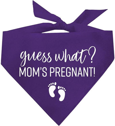 Guess What? Mom's Pregnant Dog Bandana | 100% Cotton Adjustable Triangle | Made in USA | New Baby | Pregnancy Announcement Photoshoot Prop | Gender Reveal | Purple One Size (216)