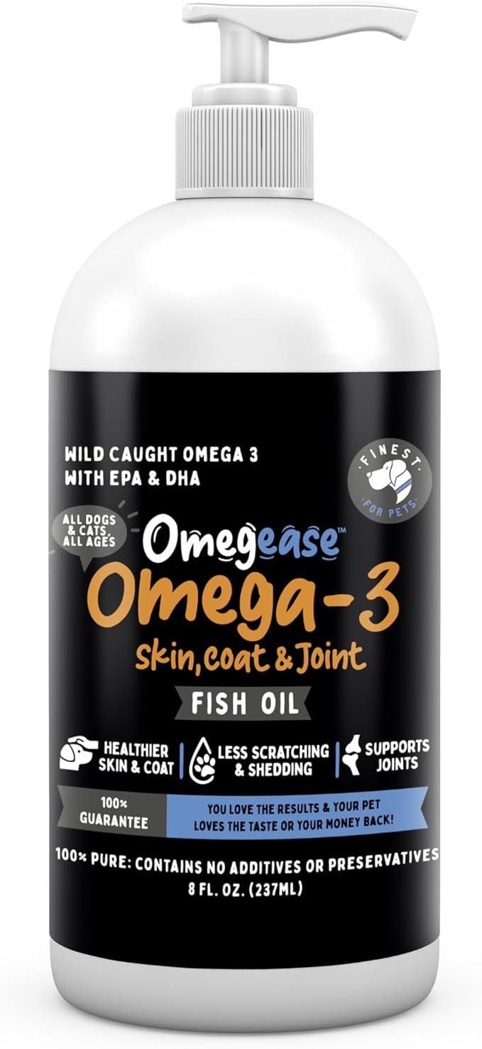 100% Pure Fish Oil for Dogs & Cats (1,545mg Omega 3 per Teaspoon) 8oz. Loaded with EPA & DHA for Joints, Skin & Coat, Itching, Heart & Immune Health. Stronger Than Salmon Oil. Unflavored Omegease.