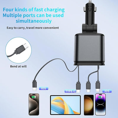 84W Retractable Car Charger,Car Phone Charger USB C Fast Charge for iPhone | EloBeth Car Charger,Cigarette Lighter USB Charger Car Accessories,Road Trip Essentials Gift for Men,for iPhone 17/16,Galaxy