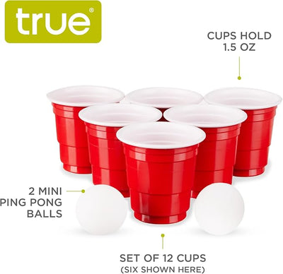 True Mini Beer Pong Game, 1.5 Ounce Disposable Red Party Cup Plastic Shot Glasses, Red, Set of 12 Cups and 2 Mini Ping Pong Balls