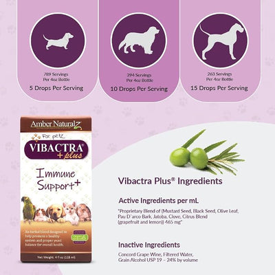 Amber NaturalZ Vibactra Plus Herbal Supplement for Dogs, Cats, Birds, Guinea Pigs, and Rabbits | Herbs for Immune Health and Yeast Balance | 4 Fluid Ounce Glass Bottle