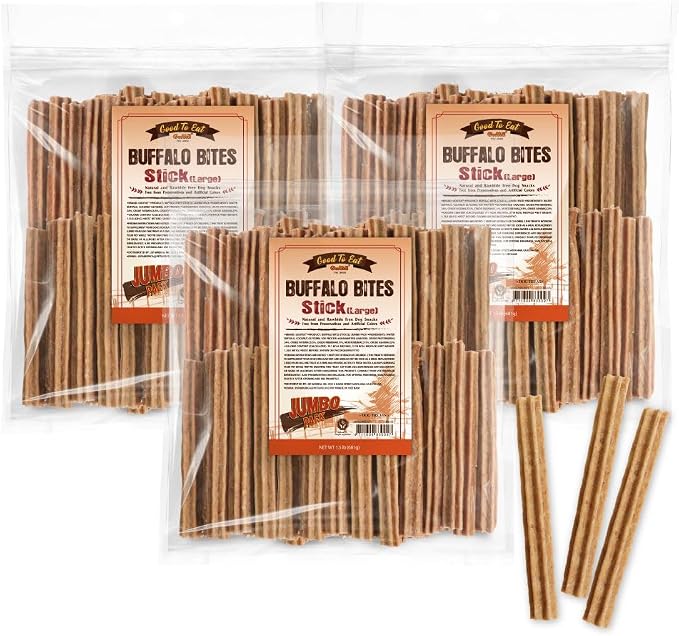 Gootoe Natural Buffalo Dog Treats, Stick (Large), 1.5 lb, Pack of 3 | Low-fat chews for training rewards, limited ingredient, for medium dogs