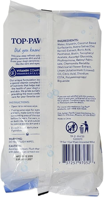 TOP PAW Ear and Eye Wipes Unscented, 100 Count, for Dogs