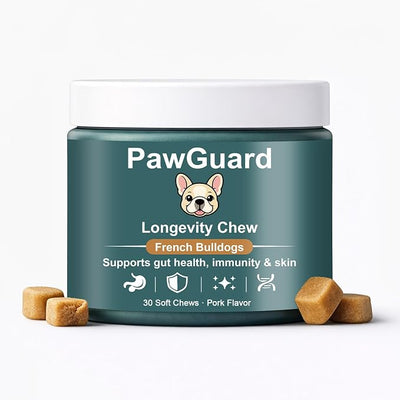 PawGuard French Bulldog Longevity Chews, Breed-Specific Formula Supplement for Bulldogs' Probiotics Chews, Supports Gut Health, Immunity & Skin, Pork Flavor, 30 Count (1 PC)
