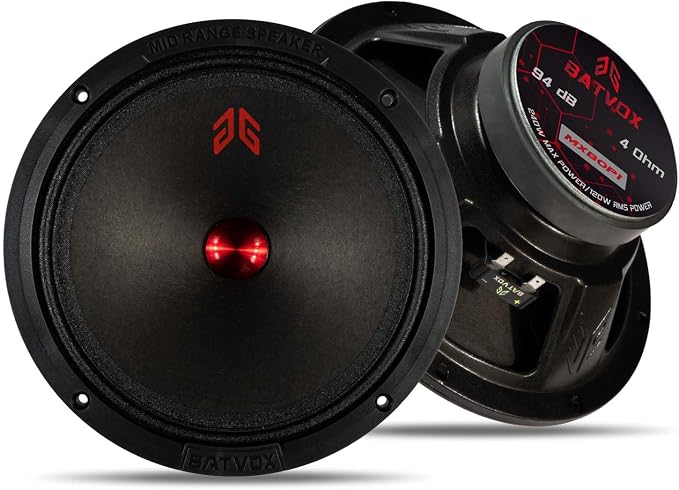 MX80P1 Loudspeaker 8 Inch Midrange 480 Watts 4 Ohms Red Dust Cap, Premium Quality Audio Door Speakers for Car or Truck Stereo Sound System, Black (2 Speakers)