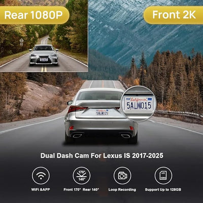 Fitcamx 2K Dual Dash Cam for 2017-2025 Lexus is 350 300 AWD 200t F Sport, OEM Style, Front 1440P+Rear 1080P HD Video, Built-in WiFi&APP, Loop Recording, Gravity Sensor, Easy to Use, 64GB MicroSD Card