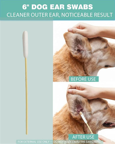 Dog Ear Cleaning Swabs 200 Count – 6 Inch Extra Long Bamboo Cotton Swabs for Dogs & Cats, Large Lint-Free Cotton Tipped Applicators for Ear Wax Removal, Tear Stains & Grooming