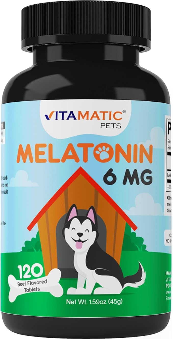 Vitamatic Melatonin for Dogs - 6 mg - 120 Beef Flavored Chewable Tablets ((Pack of 1))