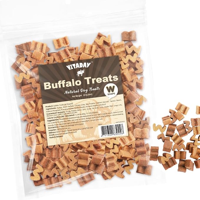 VITADAY Buffalo Dog Treats W Shaped 8oz, Natural Low-Fat Chews for Training & Rewards, Limited Ingredient, Dogs & Puppies