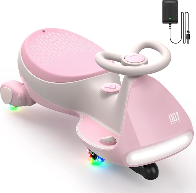 FanttikRide N7 Pro Electric Wiggle Car, Rechargeable Battery, CyberWiggle, 2 in 1 Swing Car, 2 Speeds Max 4 Mph, Anti-Rollover, Flashing Wheels, Bluetooth, Ages 3+, 150 Lbs,Pinkish White