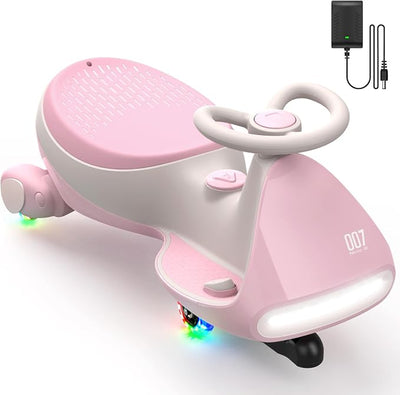 FanttikRide N7 Pro Electric Wiggle Car, Rechargeable Battery, CyberWiggle, 2 in 1 Swing Car, 2 Speeds Max 4 Mph, Anti-Rollover, Flashing Wheels, Bluetooth, Ages 3+, 150 Lbs,Pinkish White