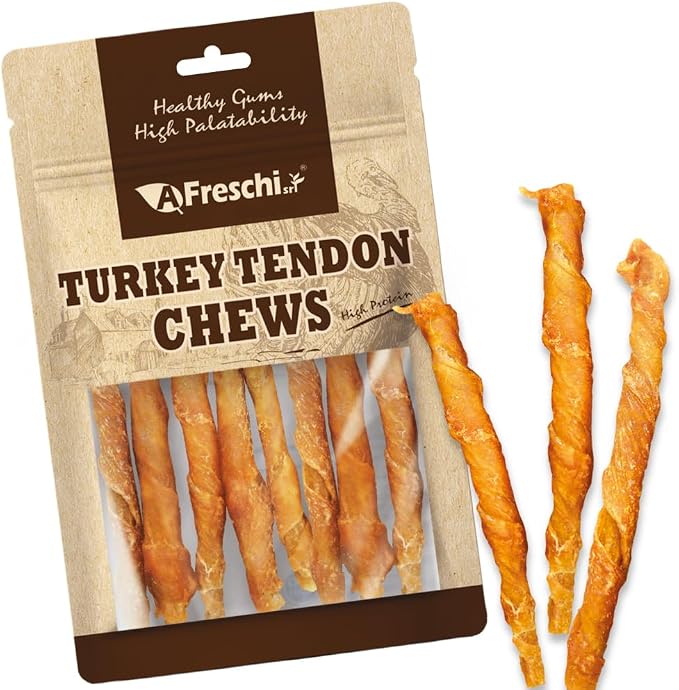 A Freschi srl Turkey Tendons for Dogs, USA-Sourced, Healthy Dog Treats, Rawhide-Free Puppy Chews, All Natural, Hypoallergenic Dog Treats, Turkey Tendon Wrapped Chicken Stick, 3.5 oz Pack