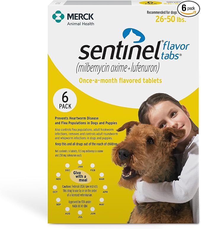 Sentinel Flavor Tabs for Dogs, 26-50 lbs, 6 Chewable Tablets, 6-month supply, Yellow Box