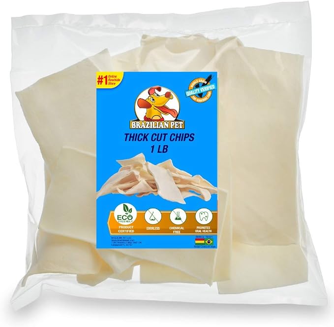 Brazilian Pet Premium Thick Cut Chips, Wholegrain Rawhide (Last Much Longer Than Traditional Chips). 100% Natural. Great Behavioral Dog Chewing Treat Solution. No Preservatives. (1 Pound)
