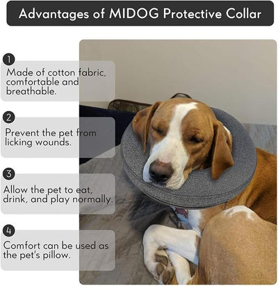 MIDOG Inflatable Dog Cone, Soft Donut Recovery Collar Alternative After Surgery to Help Prevent Licking, Comfy E Collar with Neck Pillow Design, Grey, S