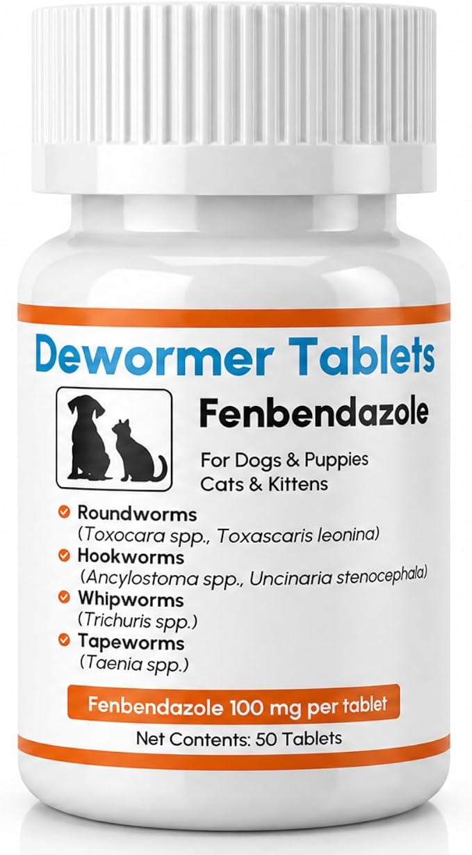 Dewormer for Dogs and Cats - Fenbendazole 100mg Tablets - Broad Spectrum Treats Roundworms, Hookworms, Tapeworms & Whipworms - Safe for Puppies & Kittens, 50 Count