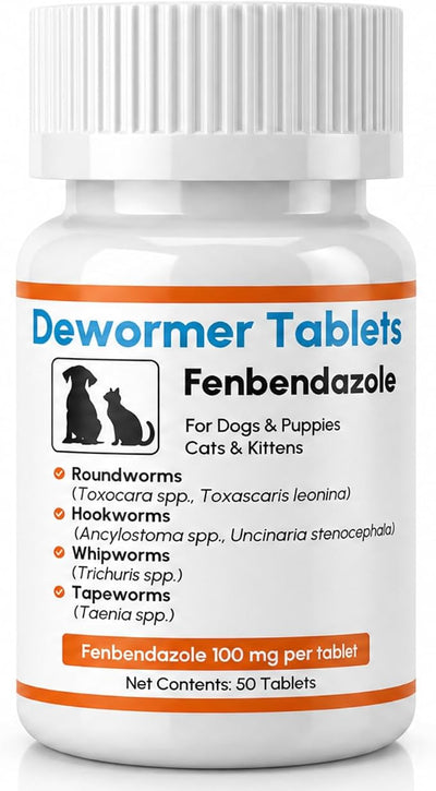Dewormer for Dogs and Cats - Fenbendazole 100mg Tablets - Broad Spectrum Treats Roundworms, Hookworms, Tapeworms & Whipworms - Safe for Puppies & Kittens, 50 Count