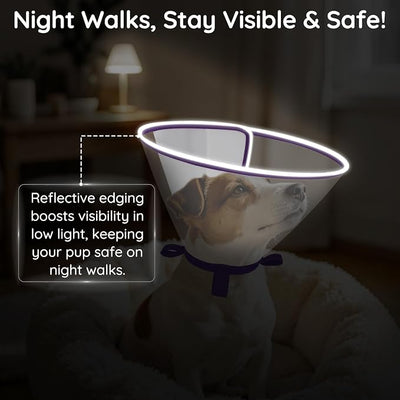 Clear Dog Cone for Small Dogs After Surgery, Adjustable E-Collar to Stop Licking with Padded Neck for Chihuahua,etc, Soft Recovery Collar with Reflective Trim for Night Visibility, Purple XXS