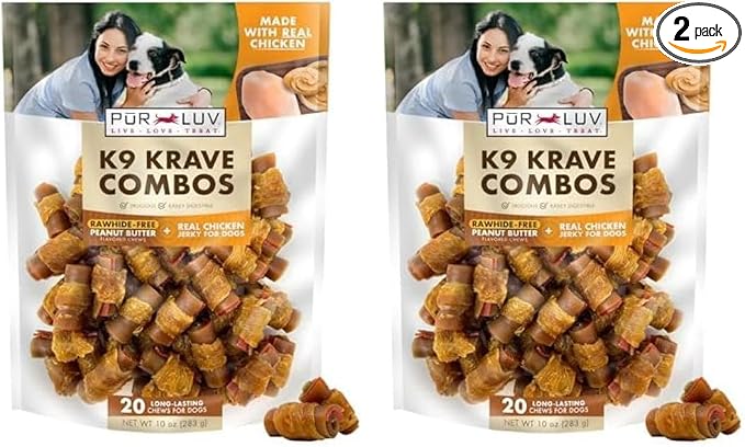 Pur Luv K9 Kraves Rawhide Free Bone Dog Treats, Made with Peanut Butter and Chicken Flavor, Easily Digestible, Long Lasting, and High Protein Dog Treat, 20 Count (Pack of 2)
