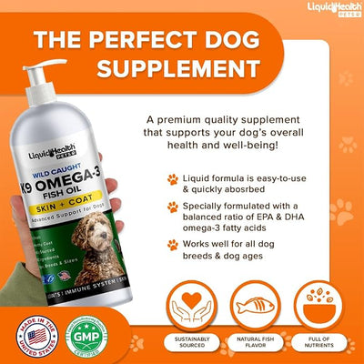 Liquid Health Pets K9 Omega 3 Fish Oil for Dogs - Liquid Omega 3 Supplement for Pets with EPA + DPA + DHA - Reduce Itching & Shedding, Support Joints, Immunity, Brain, Heart Health - USA Made (3 Pack)