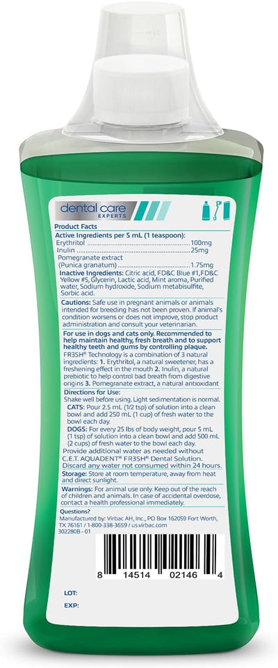Virbac C.E.T. AQUADENT® FR3SH® Dental Solution For Dogs & Cats - Supports Dental Health & Fresher Breath - VOHC Approved For Dogs (250 ml)