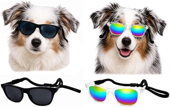 G006 Dog Pet Retro 80s Costume Sunglasses for Small Breed (2-Pack Black+ Clear-Rainbow Mirror)