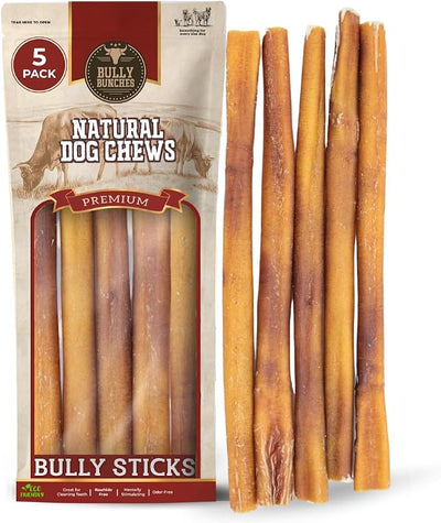 Bully Bunches Premium (12" Standard - 5 Pack) Odor Free Bully Sticks for Small & Medium Dogs - Consistently Sized, Long Lasting Chews for Oral Care - All Natural Beef Dog Treats