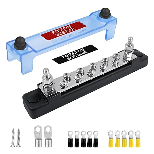 LENKRAD M6 Marine Buss Bars 12V Waterproof Battery Distribution Block 150A Power Terminal Block with 2 x M6 Posts,10 x M4 Terminal Screws, Negative Ground Bar for RV, Solar Wiring