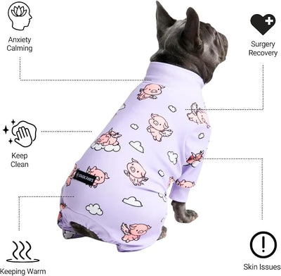 Spark Paws Dog Pajama, Dog Recovery Suit Male, Onesie, Ultra-Soft and 4-Way Stretch, for Small Medium and Large Breeds - When Pigs Fly - Purple - 4XL