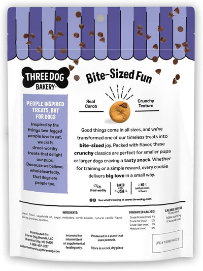Three Dog Bakery Mini Carob Chip Cookie Crunchy Dog Treats - Made with Real Ingredients - Bite-Sized Crunchy Treats for Dogs - 8 oz Bag