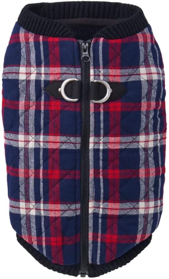 Gooby Fashion Vest Check Dog Jacket - White Check, Small - Warm Zip Up Bomber Vest with Dual D Ring Leash - Winter Water Resistant Small Dog Sweater