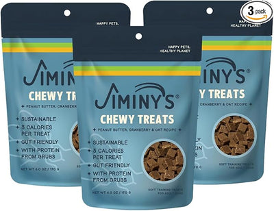 Jiminy's Chewy Training Treats for Dogs, Low Calorie, Hypoallergenic Insect Protein, Made in USA, 6oz, Peanut Butter & Cranberry (Pack of 3)