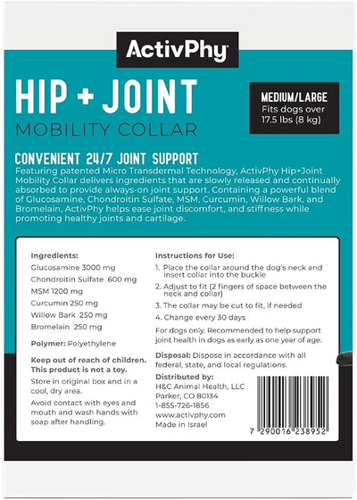 Hip + Joint Mobility Collar for Dogs with Glucosamine, Chondroitin, MSM, and More | Convenient & Easy | 30 Days of Continuous Support | Water Resistant (Med/Large)