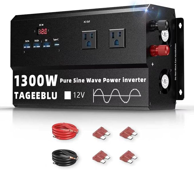 1300W Pure Sine Wave Power Inverter 12V DC to 110V 120V AC for Solar, Truck | Inverter for Car with 4 AC Outlets & 4 USB (30W QC & PD), LCD Display, 2600W Peak, Car Converter for RV Home Off-Grid Camping