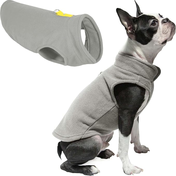 Gooby Fleece Vest Dog Sweater - Gray/Yellow, Medium - Warm Pullover Fleece Dog Jacket with O-Ring Leash for Small to Medium Dogs