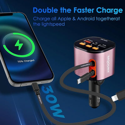 Retractable Car Charger,5 in 1 Fast Car Phone Charger 90W,Bluetooth 5.3 FM Transmitter Adapter,Handsfree Call,2 Retractable Cables and USB Cars Chargers for iPhone 17/16/15/14/13/Galaxy/Pixel