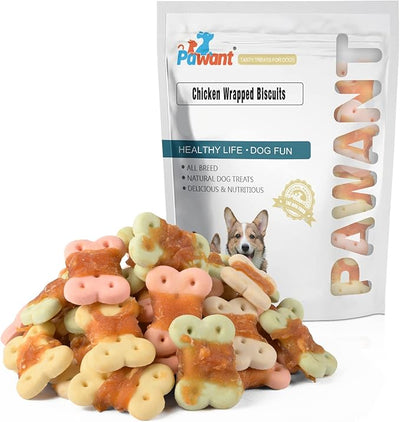 Chicken Wrapped Biscuit Dog Treats, Rawhide Free Puppy Chews, 8oz | 30% real poultry; 60% baked core; 15% protein; easily digestible bite size pieces; ideal for daily obedience rewards