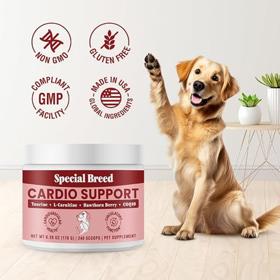 Taurine Supplement for Dogs – Heart Health & Circulation Support – Powder Formula with L-Carnitine, CoQ10 & Organic Hawthorn Berry – 240ct