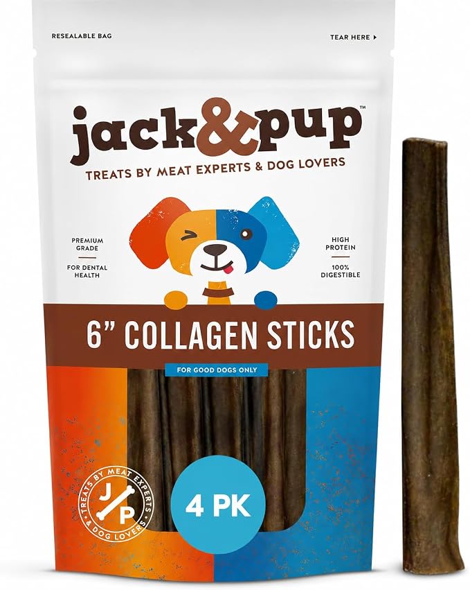 Jack&Pup 6" Collagen Sticks for Dogs - Rawhide Free Dog Chews Long Lasting Collagen Chews for Dogs - Bully Sticks Alternative (4 Pack)