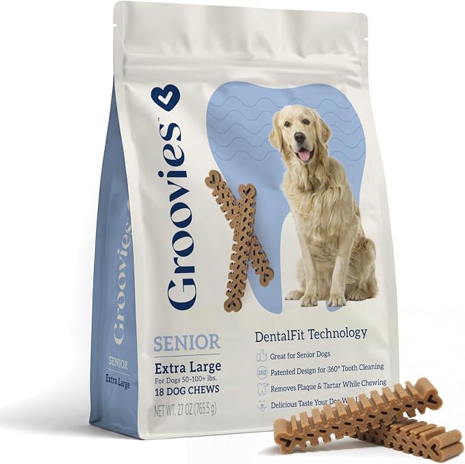 Groovies Senior & Gentle Chewers Dog Dental Treats, Flexible Texture, Patented Technology to Help Control Tartar & Freshen Breath, XLarge Dog Chews (50-100+ lbs), USA Manufactured Oral Care, 18 Count
