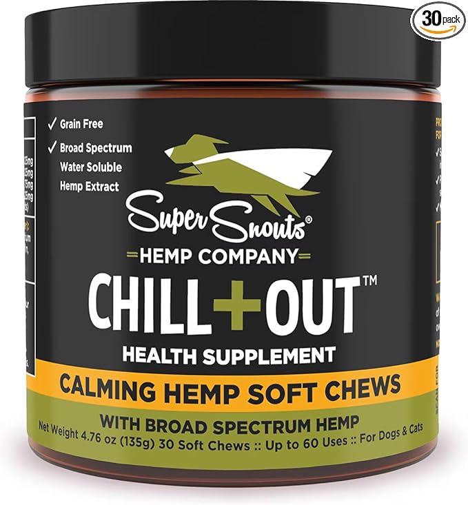 Super Snouts Chill + Out– 30 Soft Chews – Calming Chews for Dogs and Cats Help Maintain Your Pet’s Emotional Balance – Made in the USA